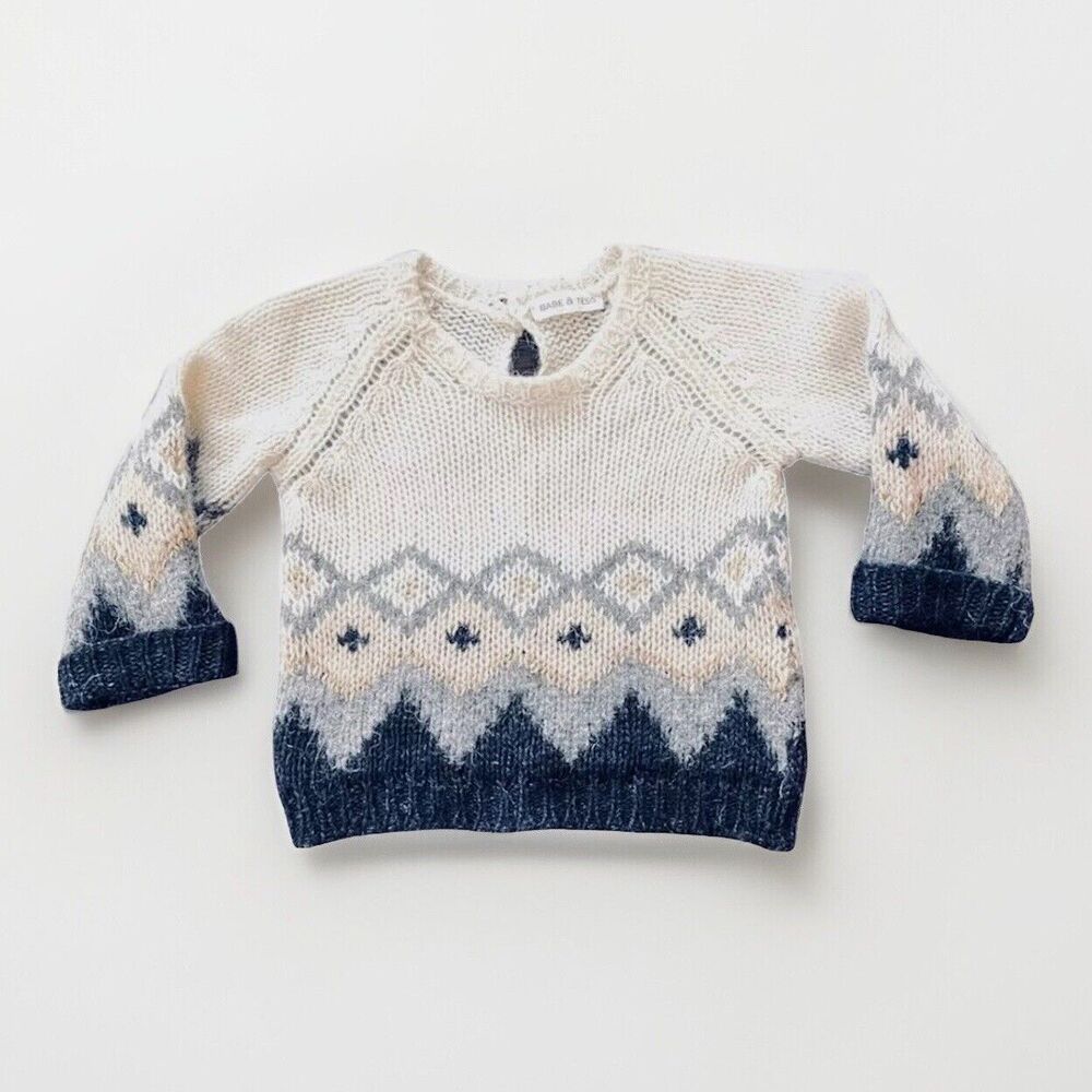 BABE & TESS Soft! Italy Alpaca Pullover Nordic Sweater Sz 12 M Ivory Blue